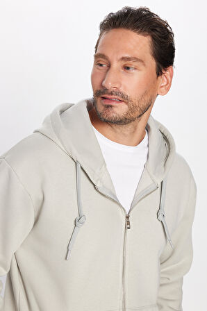 Unisex Relax Fit Rahat Kesim Pamuklu İçi Polarlı Çift Cepli Fermuarlı Taş Renk Kapüşonlu Sweatshirt