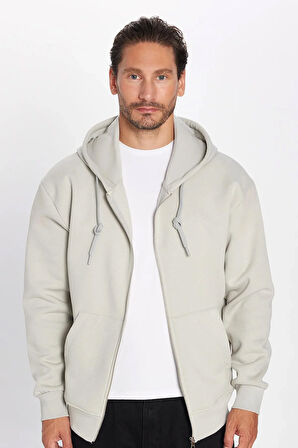 Unisex Relax Fit Rahat Kesim Pamuklu İçi Polarlı Çift Cepli Fermuarlı Taş Renk Kapüşonlu Sweatshirt