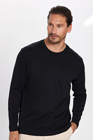 Unisex Relax Fit Rahat Kesim %100 Pamuk Uzun Kollu Bisiklet Yaka Siyah Basic Tişört