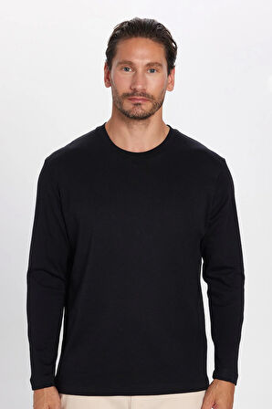 Unisex Relax Fit Rahat Kesim %100 Pamuk Uzun Kollu Bisiklet Yaka Siyah Basic Tişört