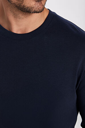 Unisex Relax Fit Rahat Kesim %100 Pamuk Uzun Kollu Bisiklet Yaka Lacivert Basic Tişört