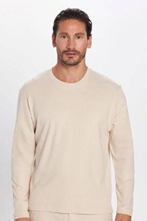 Unisex Relax Fit Rahat Kesim %100 Pamuk Uzun Kollu Bisiklet Yaka Bej Basic Tişört