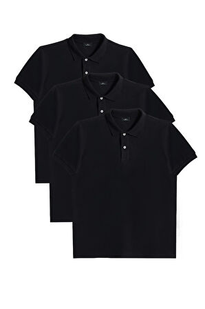 Erkek 3'lü Paket Siyah Slim Fit Dar Kesim Pamuklu Düz Pike Polo Yaka Tişört