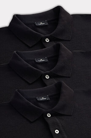 Erkek 3'lü Paket Siyah Slim Fit Dar Kesim Pamuklu Düz Pike Polo Yaka Tişört