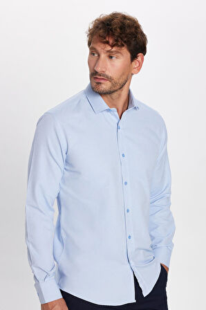 Modern Slim Fit Uzun Kollu Pamuklu Kolay Ütü Armürlü Mavi Erkek Gömlek
