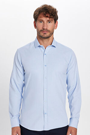 Modern Slim Fit Uzun Kollu Pamuklu Kolay Ütü Armürlü Mavi Erkek Gömlek