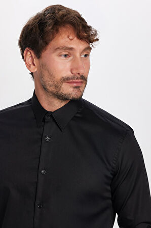 Erkek Slim Fit Non-Iron Pamuklu Doğa Dostu Ekoteks Belgeli Ütü Gerektirmez Siyah Gömlek