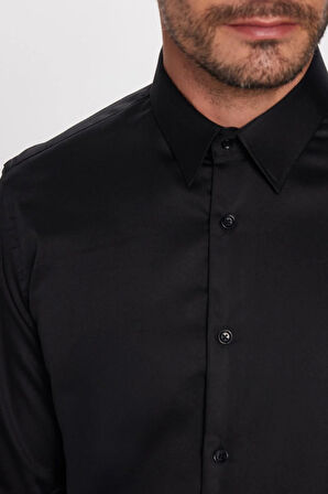 Erkek Slim Fit Non-Iron Pamuklu Doğa Dostu Ekoteks Belgeli Ütü Gerektirmez Siyah Gömlek