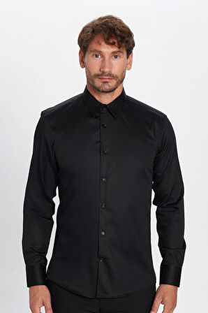 Erkek Slim Fit Non-Iron Pamuklu Doğa Dostu Ekoteks Belgeli Ütü Gerektirmez Siyah Gömlek