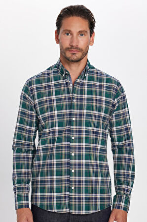 Erkek Regular Fit Klasik Kesim Düğmeli Yaka Pamuklu Kolay Ütü Kareli Gömlek