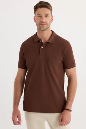 Erkek Regular Fit Klasik Kesim %100 Pamuk Düz Pike Koyu Kahverengi Polo Yaka Tişört