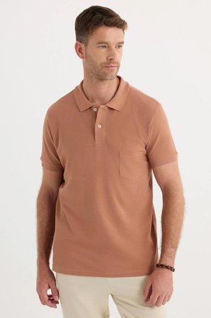 Erkek Regular Fit Klasik Kesim %100 Pamuk Düz Pike Kahverengi Polo Yaka Tişört