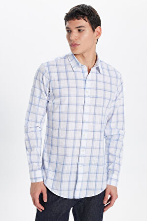 Erkek Slim Fit Dar Kesim %100 Pamuk Keten Doku Kareli Gömlek