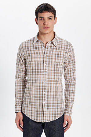 Erkek Slim Fit Dar Kesim %100 Pamuk Keten Doku Kareli Gömlek
