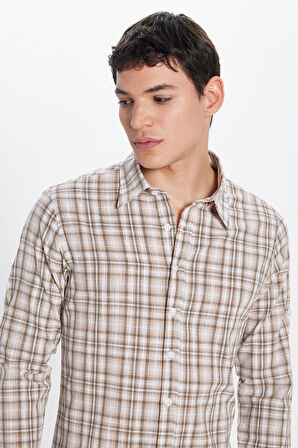 Erkek Slim Fit Dar Kesim %100 Pamuk Keten Doku Kareli Gömlek