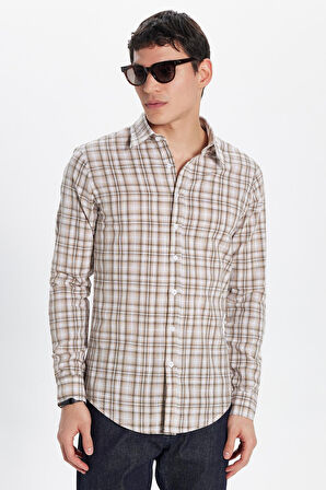 Erkek Slim Fit Dar Kesim %100 Pamuk Keten Doku Kareli Gömlek