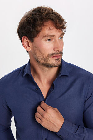 Erkek Slim Fit Dar Kesim Uzun Kollu Pamuklu Kolay Ütü Armürlü Lacivert Gömlek