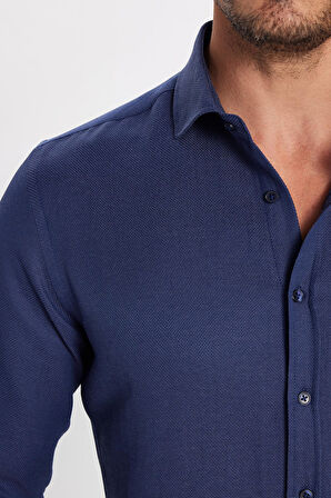 Erkek Slim Fit Dar Kesim Uzun Kollu Pamuklu Kolay Ütü Armürlü Lacivert Gömlek