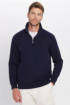 Unisex Relax Fit Rahat Kesim Pamuklu İçi Polarlı Yarım Fermuarlı Lacivert Dik Yaka Sweatshirt