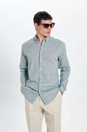 Erkek Slim Fit Dar Kesim Keten Efekt Premium Seri Düğmeli Yaka Düz Mint Gömlek
