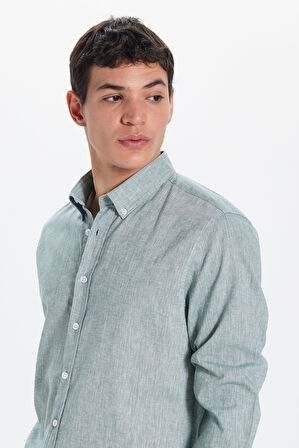 Erkek Slim Fit Dar Kesim Keten Efekt Premium Seri Düğmeli Yaka Düz Mint Gömlek