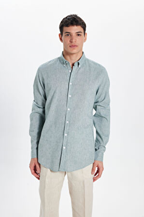 Erkek Slim Fit Dar Kesim Keten Efekt Premium Seri Düğmeli Yaka Düz Mint Gömlek