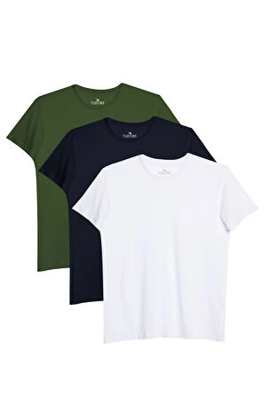 Unisex 3'lü Paket Lacivert-Beyaz-Haki Rengi Slim Fit Dar Kesim %100 Pamuk Bisiklet Yaka Tişört