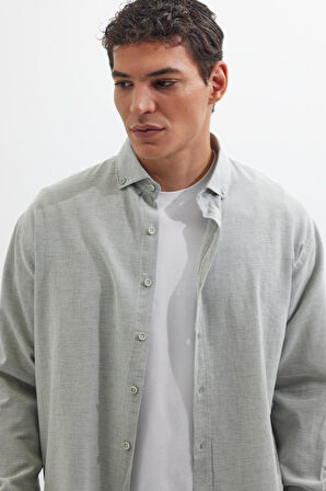 Erkek Relax Fit Rahat Kalıp Uzun Kollu %100 Pamuk Düğmeli Spor Yaka Su Yeşili Gömlek