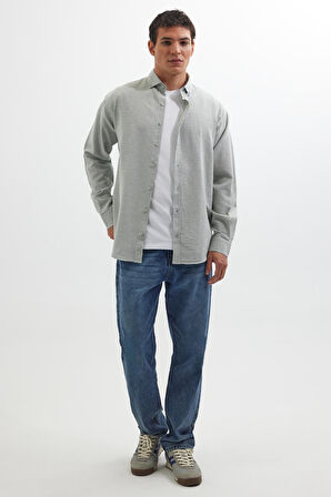 Erkek Relax Fit Rahat Kalıp Uzun Kollu %100 Pamuk Düğmeli Spor Yaka Su Yeşili Gömlek