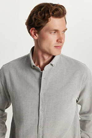 Erkek Relax Fit Rahat Kalıp Uzun Kollu %100 Pamuk Düğmeli Spor Yaka Gri Gömlek