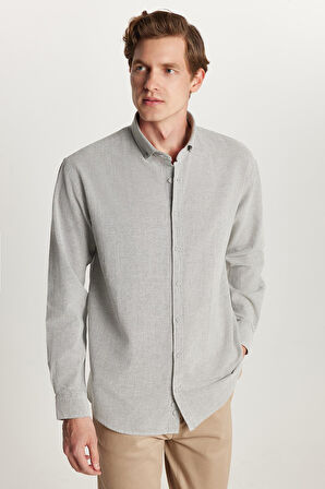 Erkek Relax Fit Rahat Kalıp Uzun Kollu %100 Pamuk Düğmeli Spor Yaka Gri Gömlek