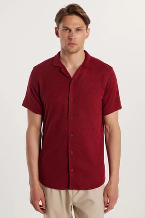 Slim Fit Kısa Kol Örme Kumaş Apaş Yaka Rahat Armürlü Doku Bordo Erkek Gömlek