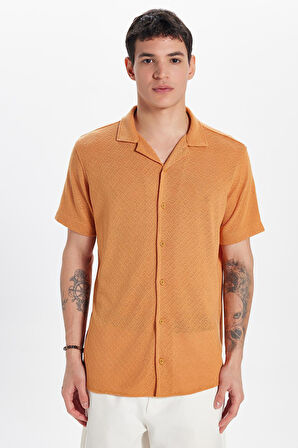 Erkek Slim Fit Dar Kesim Kısa Kollu Örme Doku Apaş Yaka Turuncu Gömlek