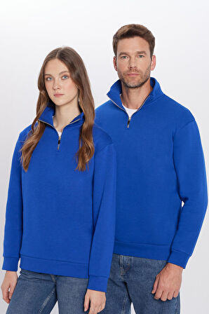 Unisex Relax Fit Rahat Kesim Pamuklu İçi Polarlı Yarım Fermuarlı Sax Mavi Dik Yaka Sweatshirt