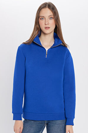 Unisex Relax Fit Rahat Kesim Pamuklu İçi Polarlı Yarım Fermuarlı Sax Mavi Dik Yaka Sweatshirt