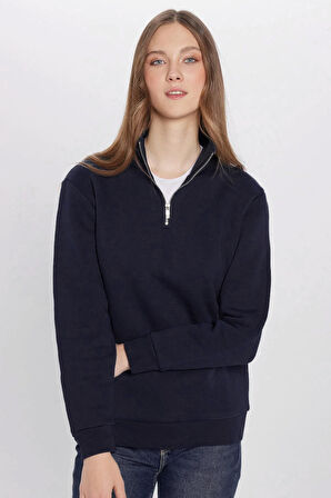 Unisex Relax Fit Rahat Kesim Pamuklu İçi Polarlı Yarım Fermuarlı Lacivert Dik Yaka Sweatshirt