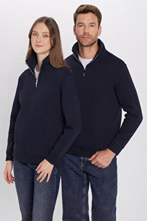 Unisex Relax Fit Rahat Kesim Pamuklu İçi Polarlı Yarım Fermuarlı Lacivert Dik Yaka Sweatshirt