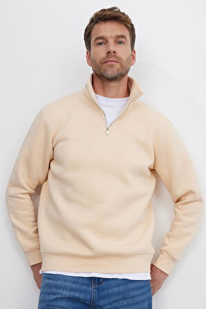 Unisex Relax Fit Rahat Kesim Pamuklu İçi Polarlı Yarım Fermuarlı Ekru Dik Yaka Sweatshirt