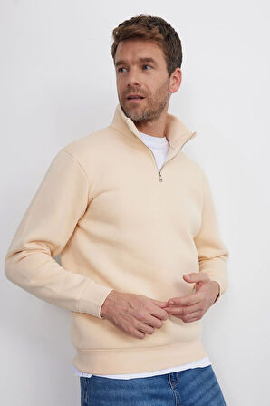 Unisex Relax Fit Rahat Kesim Pamuklu İçi Polarlı Yarım Fermuarlı Ekru Dik Yaka Sweatshirt