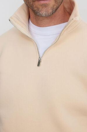 Unisex Relax Fit Rahat Kesim Pamuklu İçi Polarlı Yarım Fermuarlı Ekru Dik Yaka Sweatshirt