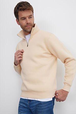 Unisex Relax Fit Rahat Kesim Pamuklu İçi Polarlı Yarım Fermuarlı Ekru Dik Yaka Sweatshirt