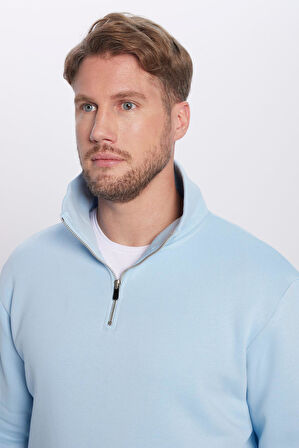 Unisex Relax Fit Rahat Kesim Pamuklu İçi Polarlı Yarım Fermuarlı Mavi Dik Yaka Sweatshirt