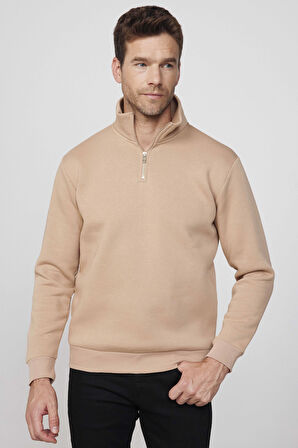 Unisex Relax Fit Rahat Kesim Pamuklu İçi Polarlı Yarım Fermuarlı Taş Renk Dik Yaka Sweatshirt