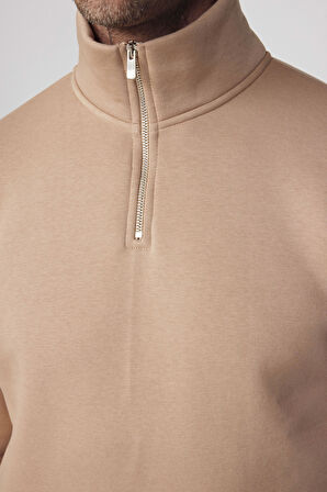 Unisex Relax Fit Rahat Kesim Pamuklu İçi Polarlı Yarım Fermuarlı Taş Renk Dik Yaka Sweatshirt