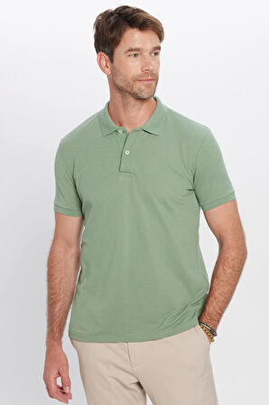 Erkek Slim Fit Dar Kesim Pamuklu Yumuşak Dokulu Serin Tutan Kumaş Düz Pike Haki Polo Yaka Tişört