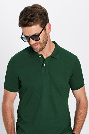 Erkek Slim Fit Dar Kesim Pamuklu Yumuşak Dokulu Serin Tutan Kumaş Düz Pike Haki Polo Yaka Tişört