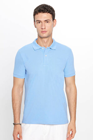 Erkek Slim Fit Dar Kesim Pamuklu Yumuşak Dokulu Serin Tutan Kumaş Düz Pike Mavi Polo Yaka Tişört