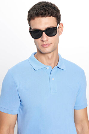 Erkek Slim Fit Dar Kesim Pamuklu Yumuşak Dokulu Serin Tutan Kumaş Düz Pike Mavi Polo Yaka Tişört