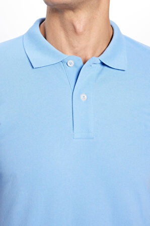 Erkek Slim Fit Dar Kesim Pamuklu Yumuşak Dokulu Serin Tutan Kumaş Düz Pike Mavi Polo Yaka Tişört