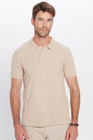 Erkek Slim Fit Dar Kesim Pamuklu Yumuşak Dokulu Serin Tutan Kumaş Düz Pike Taş Renk Polo Yaka Tişört